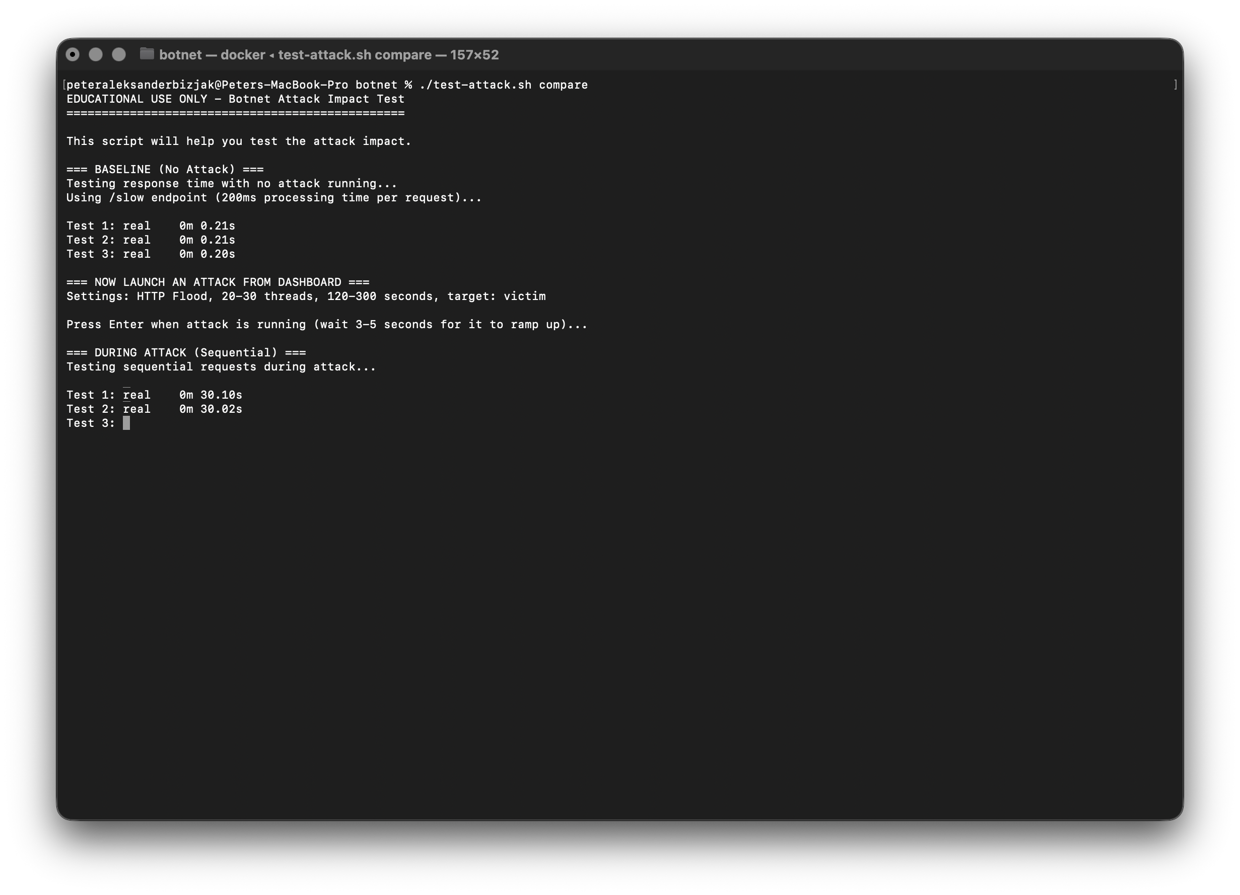 Terminal output comparing baseline vs concurrent requests during attack, showing multi-second slowdowns