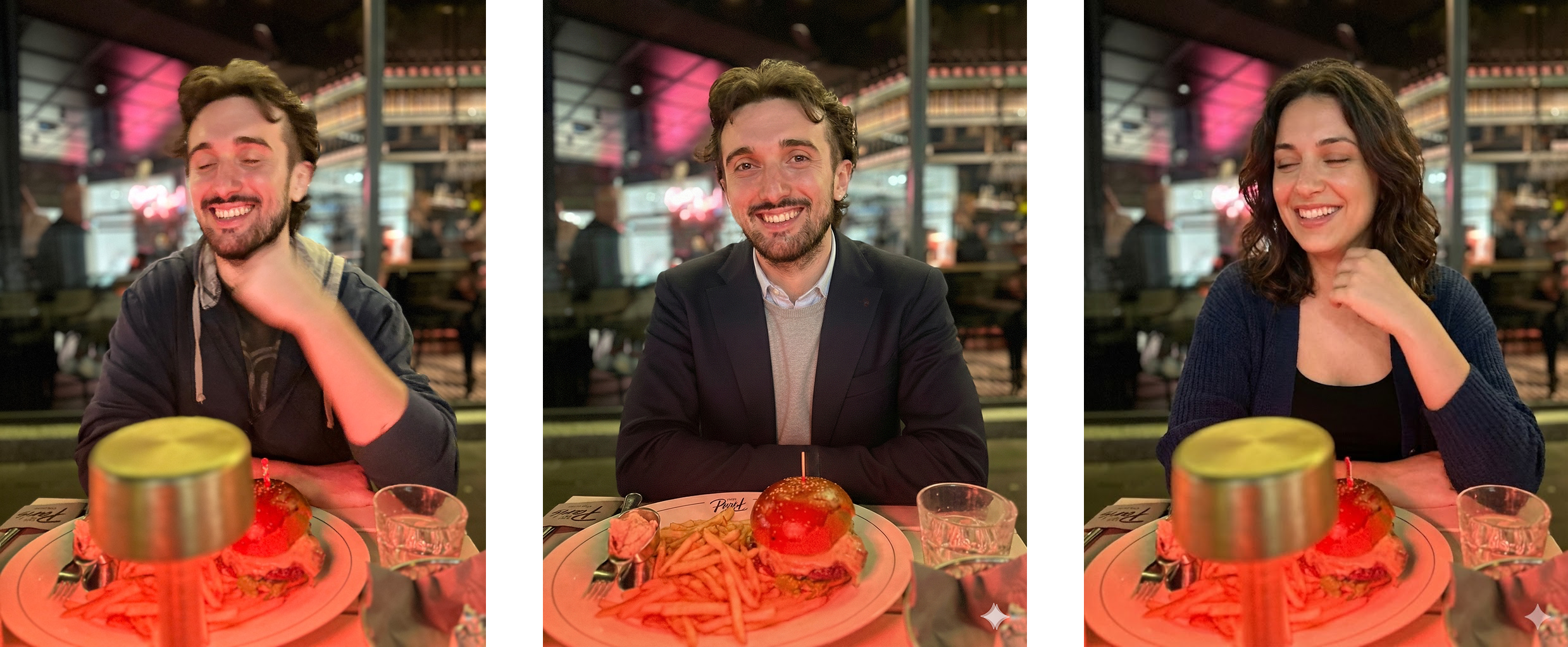 Three photos side by side: original casual selfie on the left, AI-formal LinkedIn-style version in the middle, and an AI-generated gender-swapped version on the right