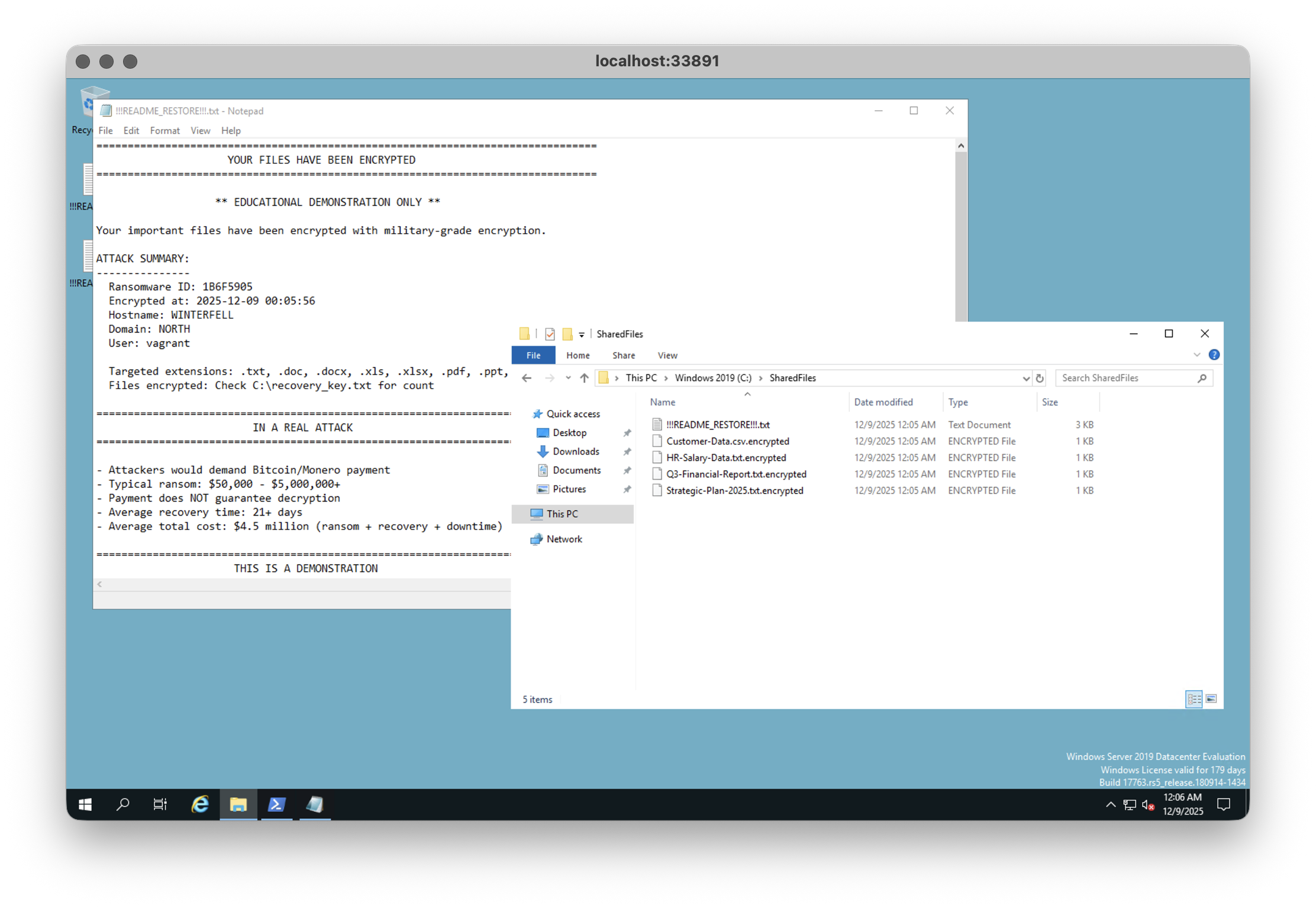 File explorer window showing the same directory after encryption, with .encrypted extensions and a ransom note visible