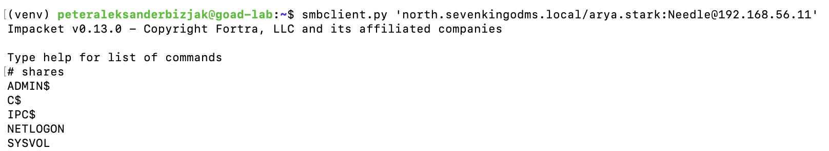 Terminal screenshot showing successful SMB client connection as arya.stark and enumeration of ADMIN$, C$, IPC$, NETLOGON and SYSVOL shares